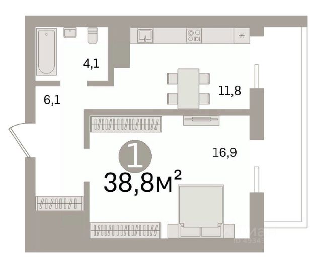Продажа 1-комнатной квартиры 38,9 м², 7/7 этаж