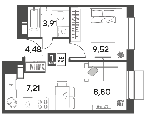 Продажа 1-комнатной квартиры 33,9 м², 13/15 этаж