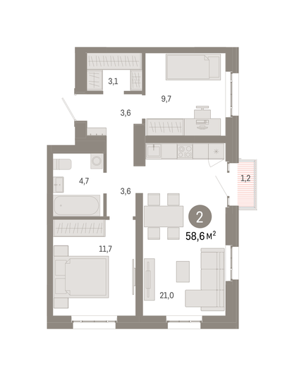 Продажа 2-комнатной квартиры 58,6 м², 9/16 этаж