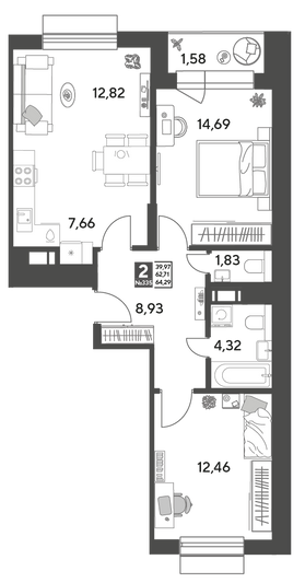 Продажа 2-комнатной квартиры 64,3 м², 10/15 этаж