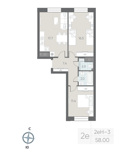 Продажа 2-комнатной квартиры 58 м², 3/10 этаж