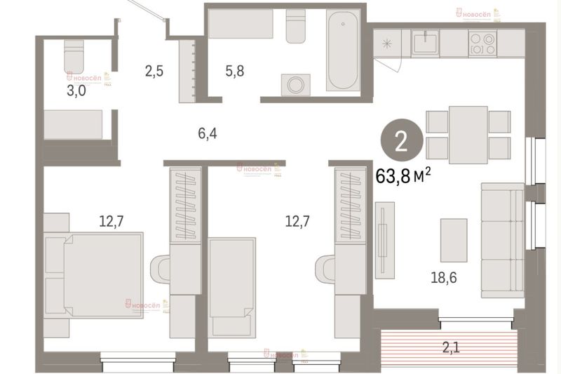 Продажа 2-комнатной квартиры 69,8 м², 4/8 этаж