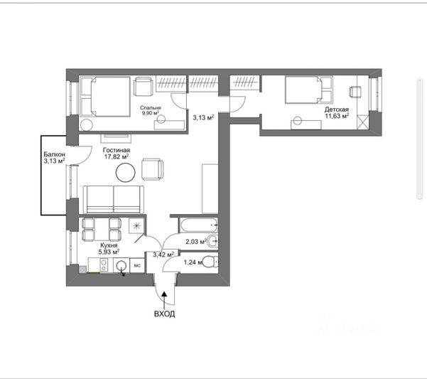 Продажа 3-комнатной квартиры 54 м², 2/5 этаж
