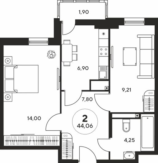 Продажа 2-комнатной квартиры 44 м², 21 этаж