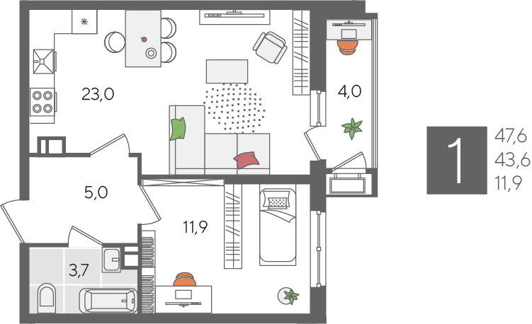 Продажа 1-комнатной квартиры 47,6 м², 3/24 этаж