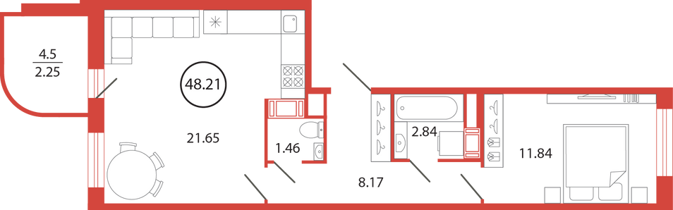 Продажа 1-комнатной квартиры 48,2 м², 7/12 этаж