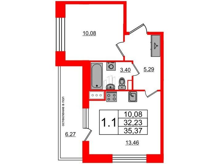 Продажа 1-комнатной квартиры 32,2 м², 9/12 этаж