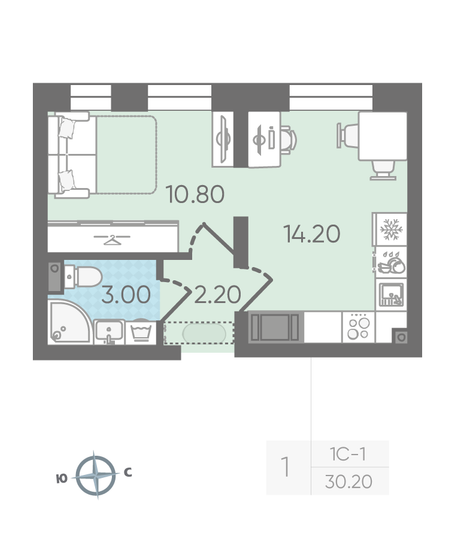 Продажа 1-комнатной квартиры 30,2 м², 10/16 этаж