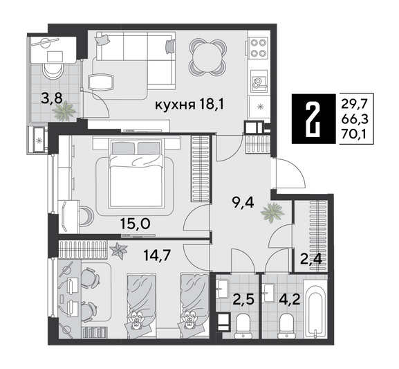 Продажа 2-комнатной квартиры 70,1 м², 3/9 этаж