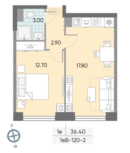 Продажа 1-комнатной квартиры 36,4 м², 2/58 этаж