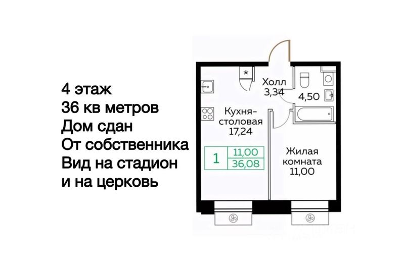 Продажа 1-комнатной квартиры 36 м², 4/27 этаж