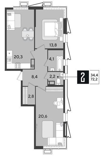 Продажа 2-комнатной квартиры 72,2 м², 17/18 этаж