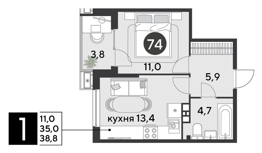 Продажа 1-комнатной квартиры 38,8 м², 9/18 этаж