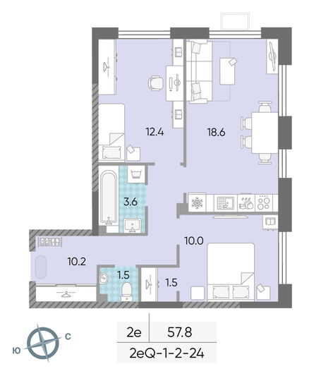 Продажа 2-комнатной квартиры 57,8 м², 21/24 этаж