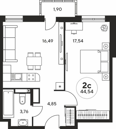 Продажа 2-комнатной квартиры 44,4 м², 24 этаж