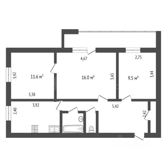 Продажа 3-комнатной квартиры 63,3 м², 4/12 этаж