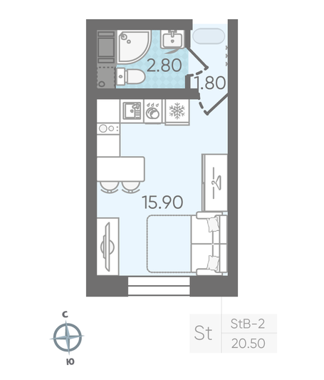 Продажа квартиры-студии 20,5 м², 15/16 этаж