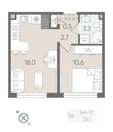 Продажа 1-комнатной квартиры 35,1 м², 21/22 этаж