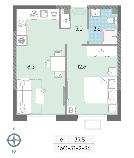 Продажа 1-комнатной квартиры 37,5 м², 20/24 этаж