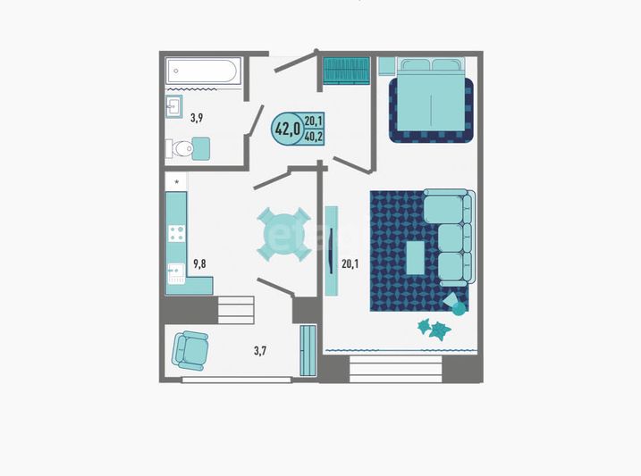 Продажа 2-комнатной квартиры 42 м², 6/20 этаж