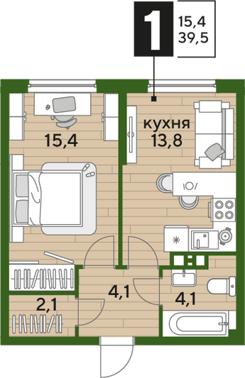 Продажа 1-комнатной квартиры 39,5 м², 4/16 этаж