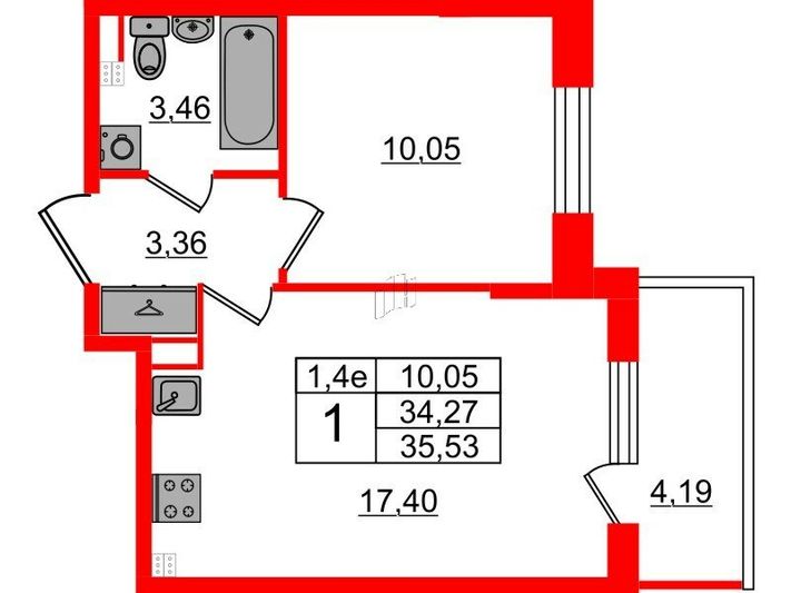 Продажа 1-комнатной квартиры 34,3 м², 3/5 этаж