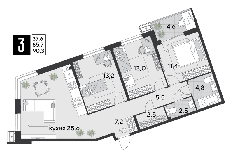 Продажа 3-комнатной квартиры 90,3 м², 2/18 этаж