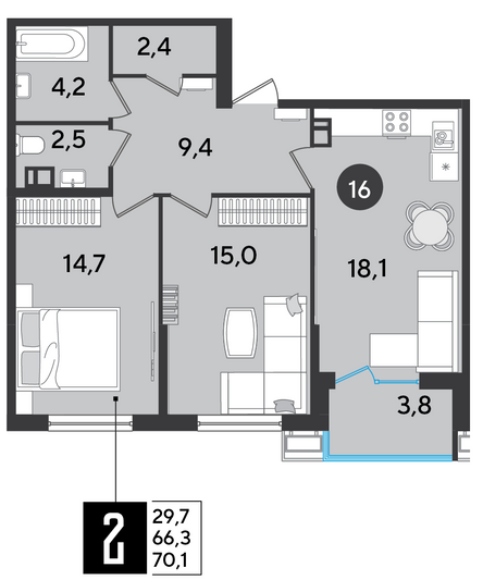 Продажа 2-комнатной квартиры 70,1 м², 3/9 этаж