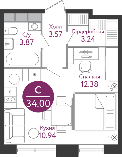 Продажа квартиры-студии 34,1 м², 6/14 этаж