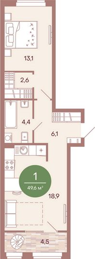 Продажа 1-комнатной квартиры 49,6 м², 3/17 этаж