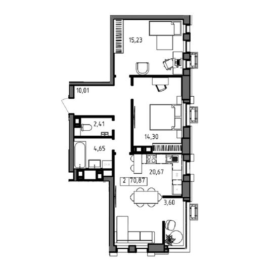 Продажа 2-комнатной квартиры 70,9 м², 5/23 этаж