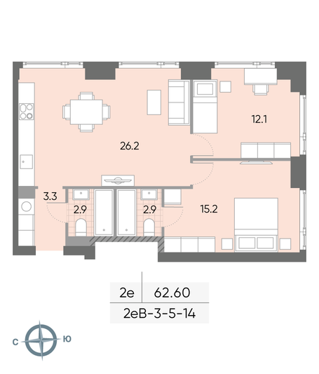 Продажа 2-комнатной квартиры 62,6 м², 5/52 этаж