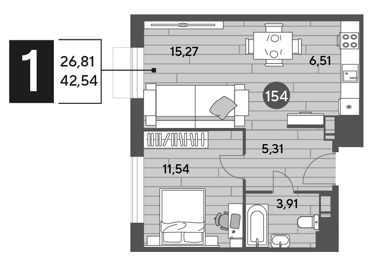 Продажа 1-комнатной квартиры 42,5 м², 6/15 этаж