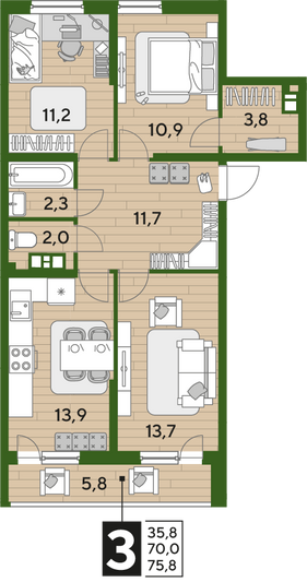 Продажа 3-комнатной квартиры 75,8 м², 4/16 этаж