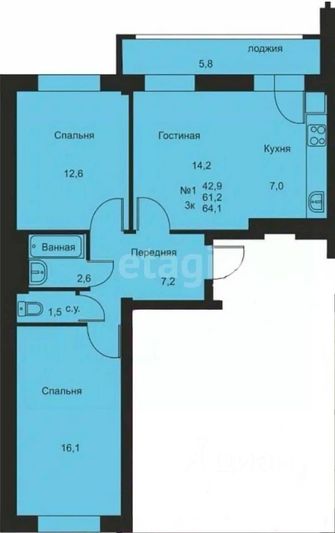 Продажа 3-комнатной квартиры 64,1 м², 1/16 этаж