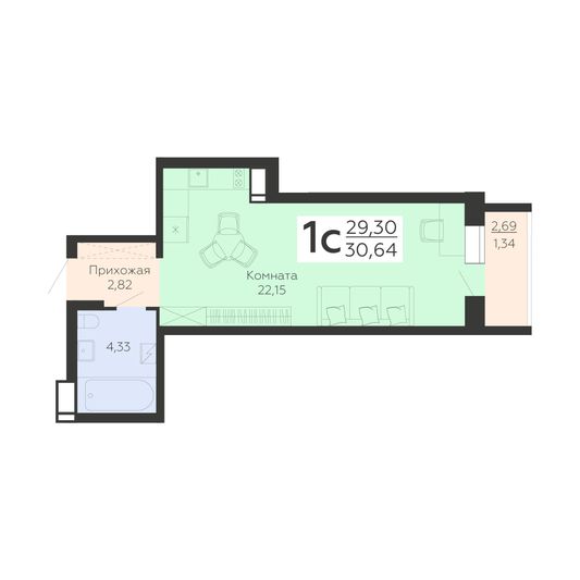 Продажа 1-комнатной квартиры 30,6 м², 2/19 этаж