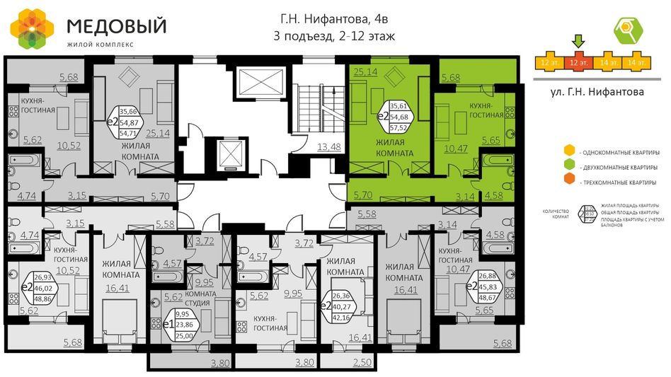 Продажа 2-комнатной квартиры 57,4 м², 7/14 этаж