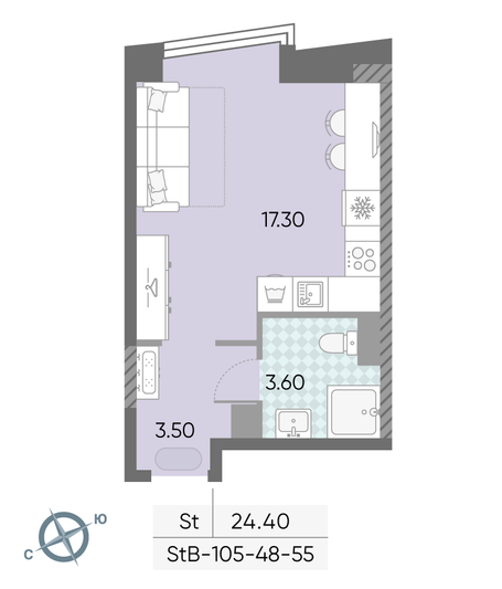 Продажа квартиры-студии 24,4 м², 55/58 этаж