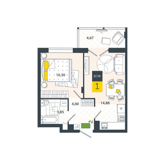Продажа 1-комнатной квартиры 37,7 м², 1/8 этаж