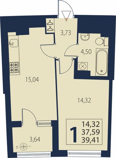 Продажа 1-комнатной квартиры 39,4 м², 11/25 этаж