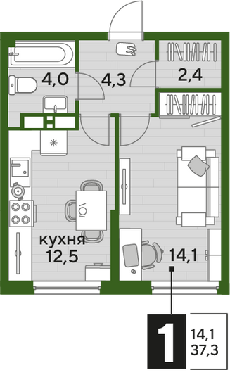 Продажа 1-комнатной квартиры 37,3 м², 13/16 этаж