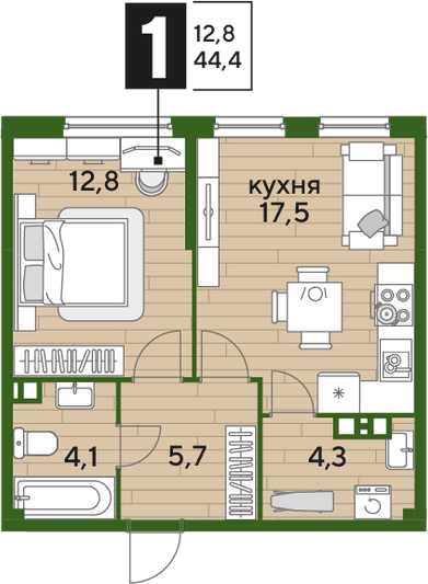 Продажа 1-комнатной квартиры 44,4 м², 5/16 этаж