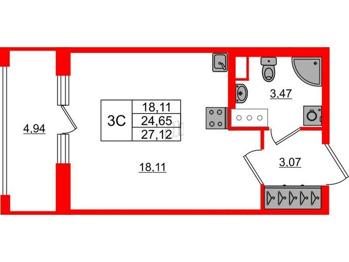 Продажа квартиры-студии 24,6 м², 18/20 этаж