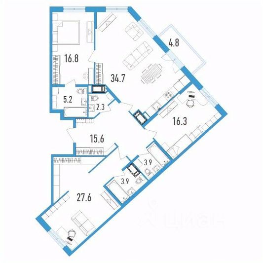 Продажа 3-комнатной квартиры 127,7 м², 10/18 этаж