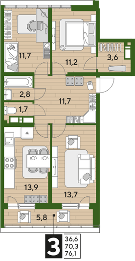 Продажа 3-комнатной квартиры 76,1 м², 16/16 этаж