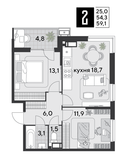Продажа 2-комнатной квартиры 59,1 м², 10/18 этаж
