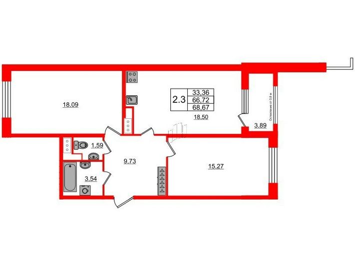 Продажа 2-комнатной квартиры 66,7 м², 4/9 этаж