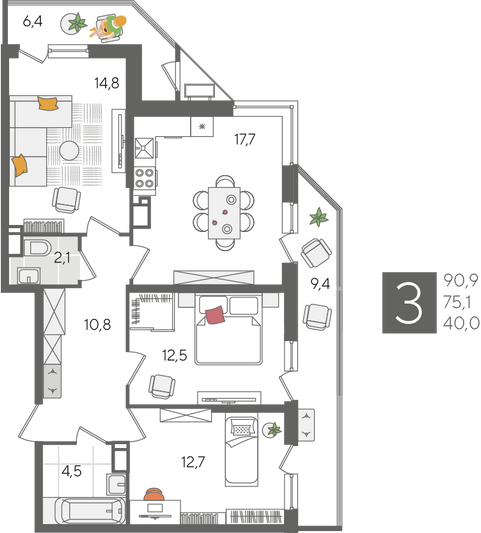 Продажа 3-комнатной квартиры 90,9 м², 24/24 этаж