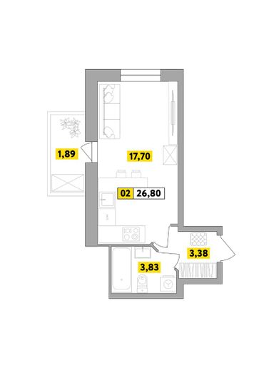Продажа квартиры-студии 26,8 м², 2 этаж