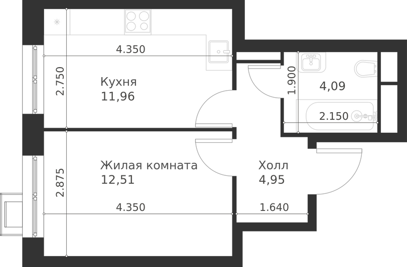 Продажа 1-комнатной квартиры 33,5 м², 12/29 этаж